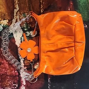 Super Cute Orange Purse Clutch Flower Tag Clear Chain Short Strap